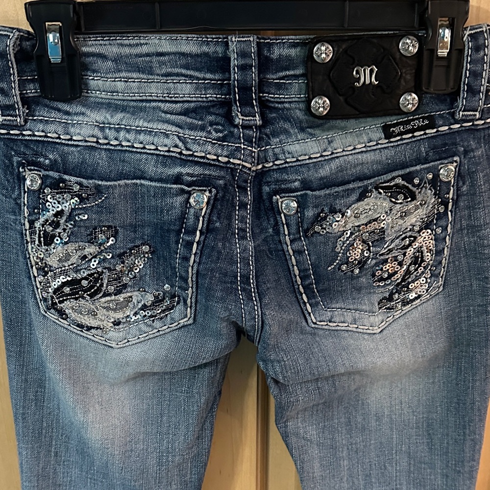 Miss Me Low Rise Boot Cut Jeans with Silver Sequin Detail